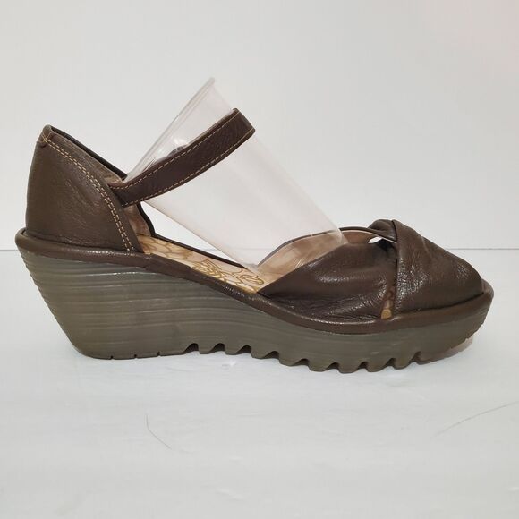 Fly London Yoel Olive Green Leather Lug Sole Peep Toe Wedge Shoes 8 - Picture 3 of 12